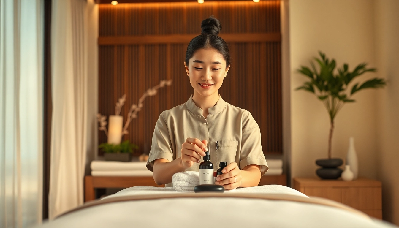 Enjoying a professional 평택출장마사지 at home, with a young therapist preparing a tranquil ambiance.