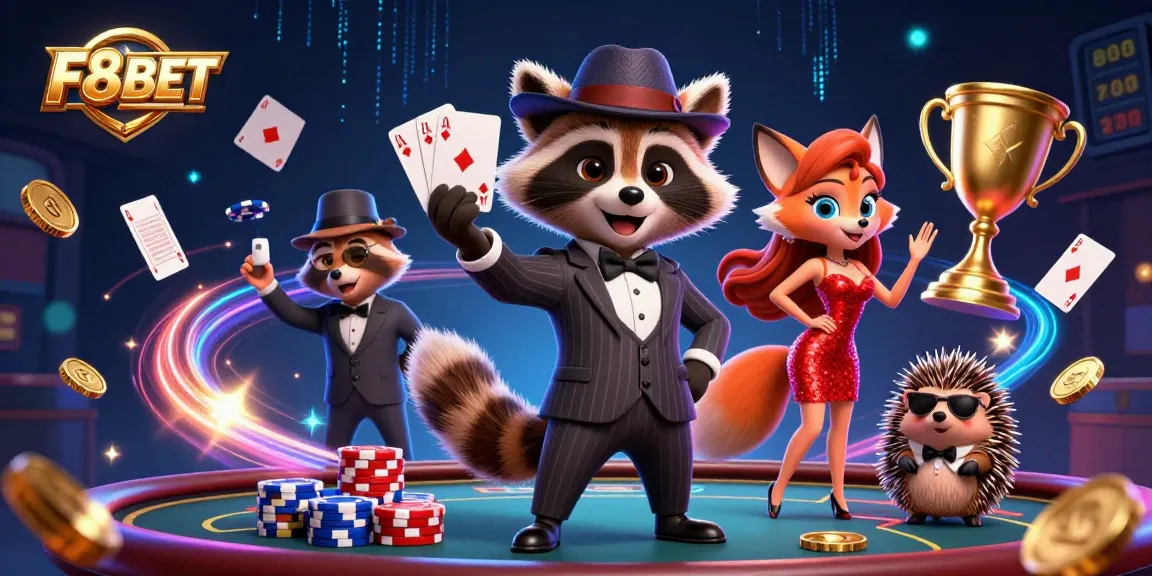 Play winning hands and experience poker thrills with F8BET's cartoon raccoon, fox, and hedgehog!