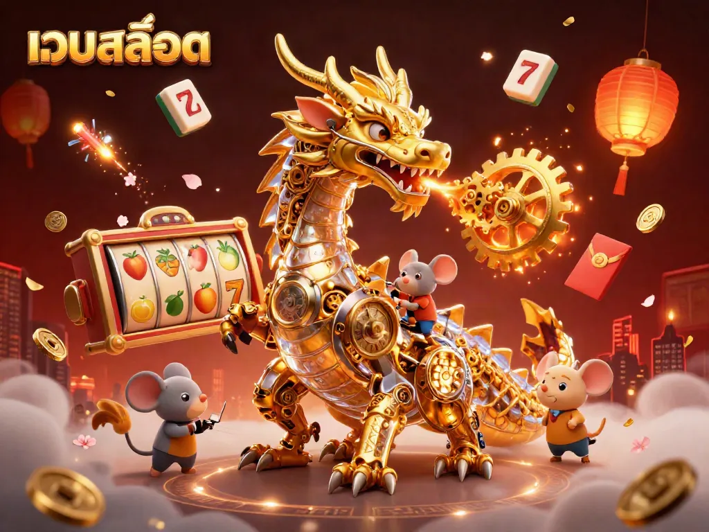 Experience thrilling เว็บสล็อต with a 3D golden dragon amidst vibrant casino symbols.