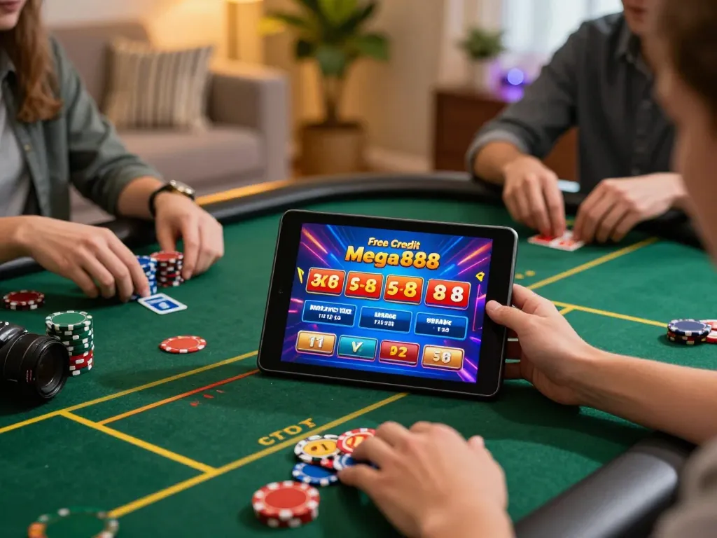 Engaging with free credit mega888 on tablet during exciting online casino game.