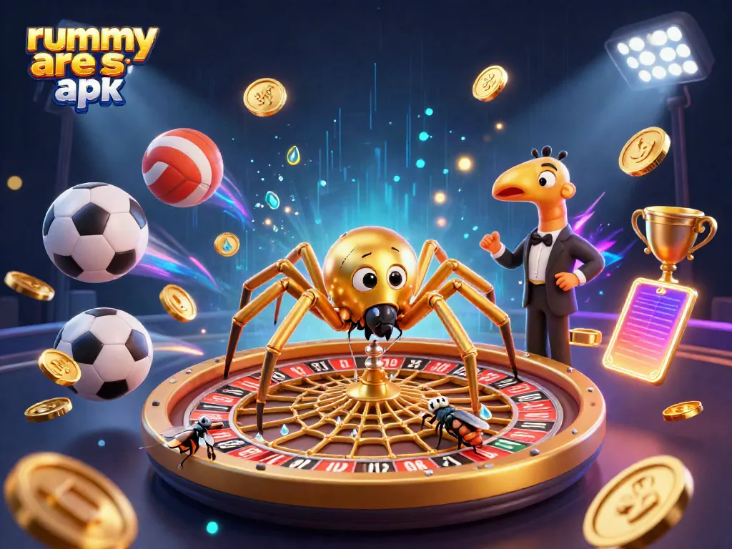 Experience thrilling gameplay with Rummy Ares APK, as a golden spider spins a roulette web amidst sports action.