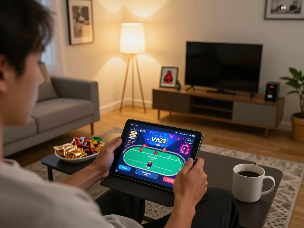 Engaging with the vn23 app on a tablet in a cozy home gaming setup.