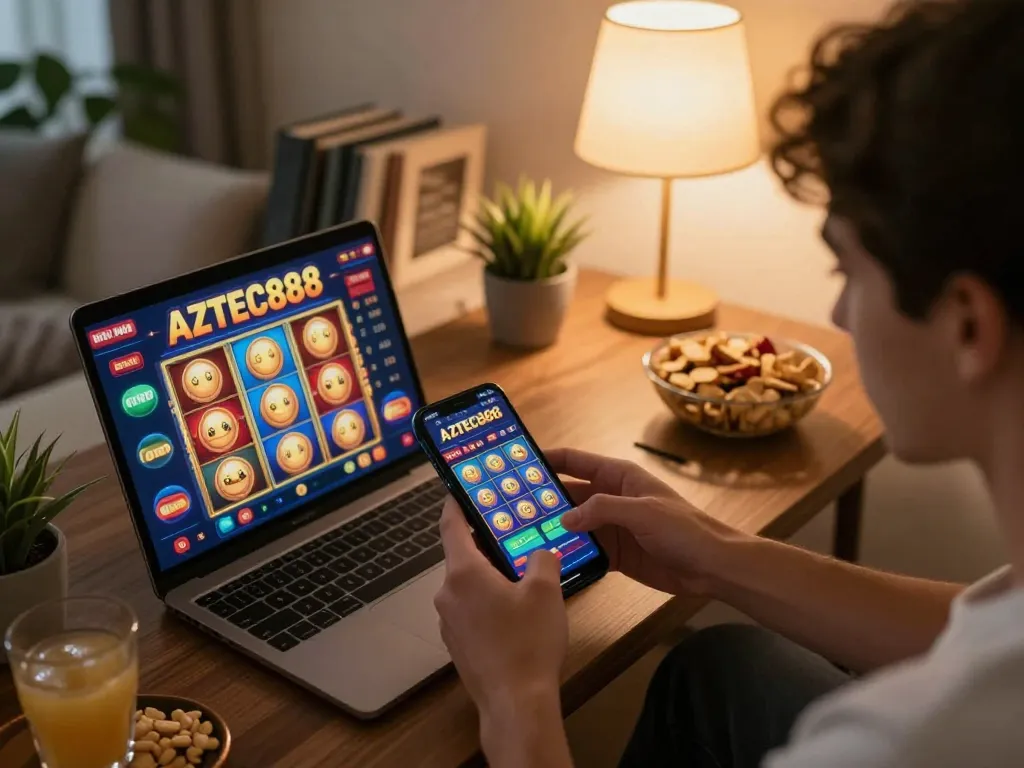 Player enjoying AZTEC888 casino app on smartphone in a cozy living room.