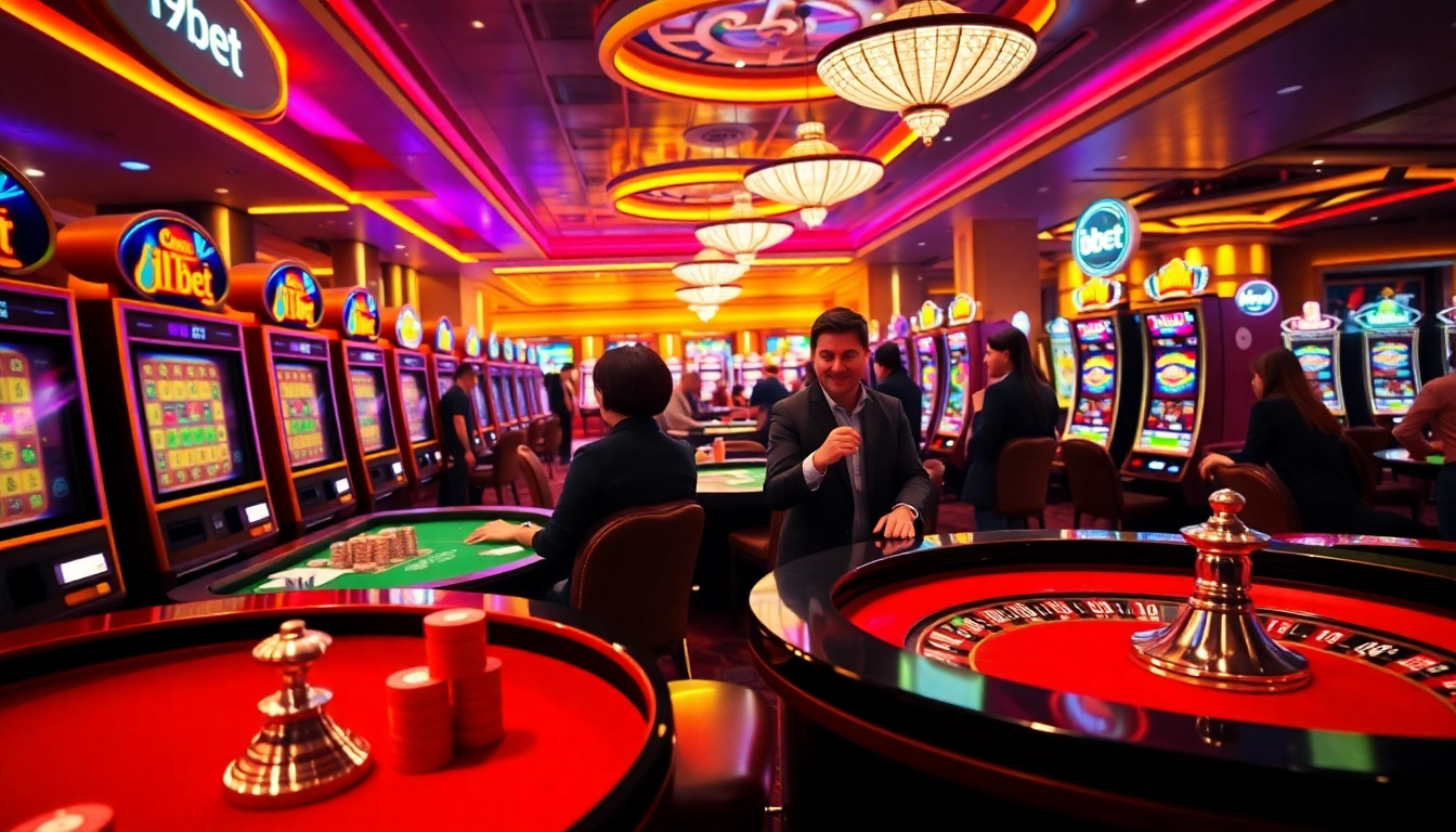 Players enjoying the thrilling experience at i9bet casino with vibrant slot machines and roulette tables.
