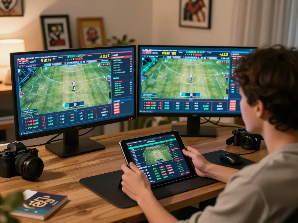 Sports betting enthusiast analyzing odds on multiple devices using lsa for winning strategies