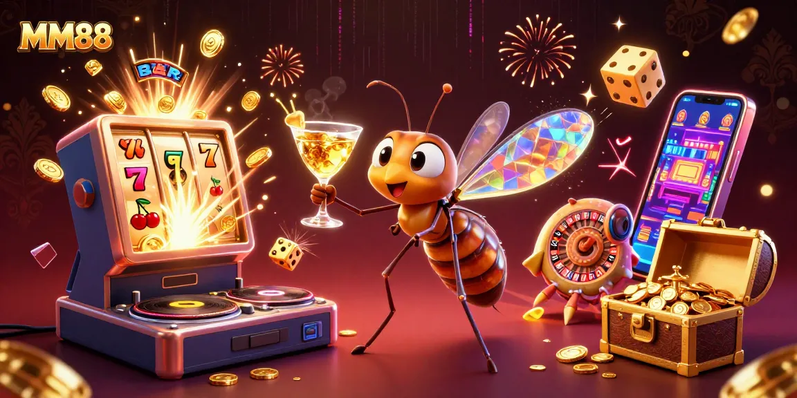 Engage with MM88's casino experience featuring a dynamic scene of casino mascots and exciting games.
