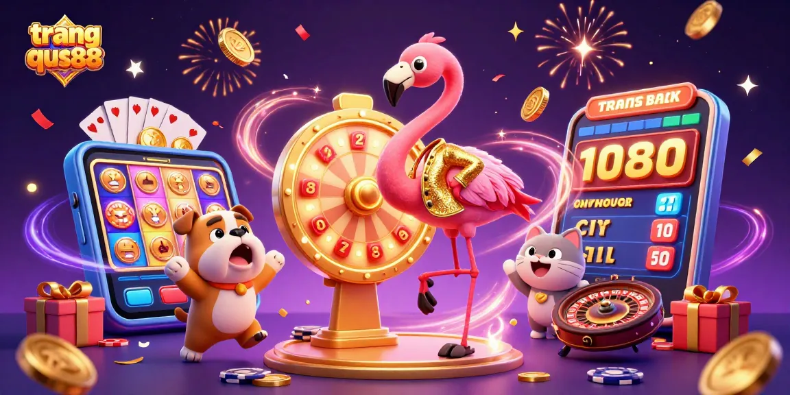 Engage with thrilling gameplay at trang chu qs88 as a flamingo spins a prize wheel while a bulldog celebrates winning.