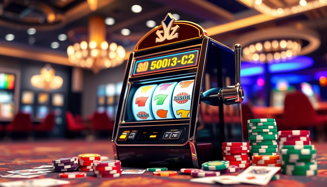 Spielen von casino online spiele am virtuellen Spielautomaten mit bunten Chips und Karten.