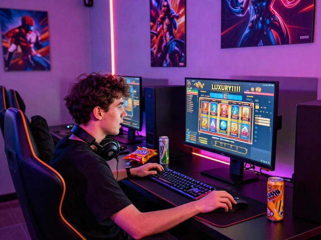 LUXURY111 Daftar permainan slot online di ruang gaming yang penuh warna dan cahaya neon.