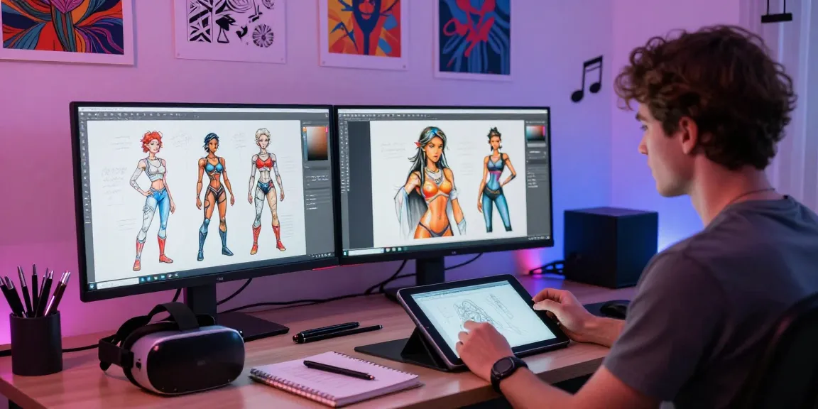 Artist creating NSFW AI character designs in a vibrant digital studio.