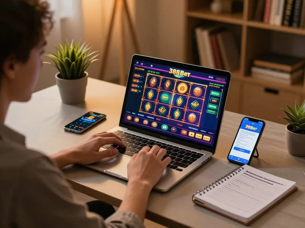 Engaging online gaming scene with a player using the 388bet app on a laptop while managing their bankroll.