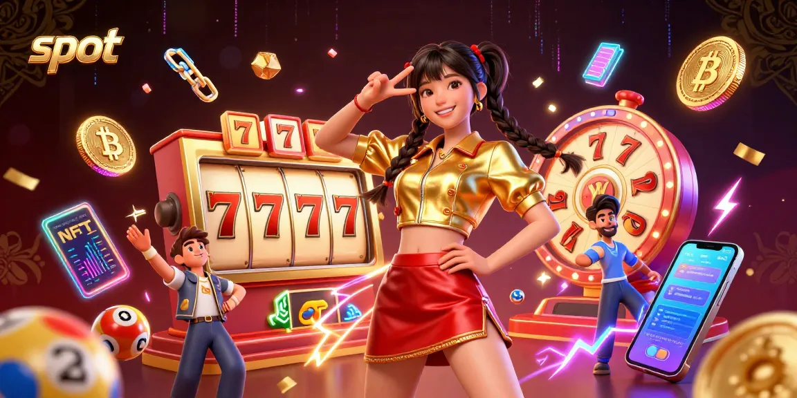 Engage with the vibrant slot games showcasing a cheerful Asian woman amid colorful slot reels.
