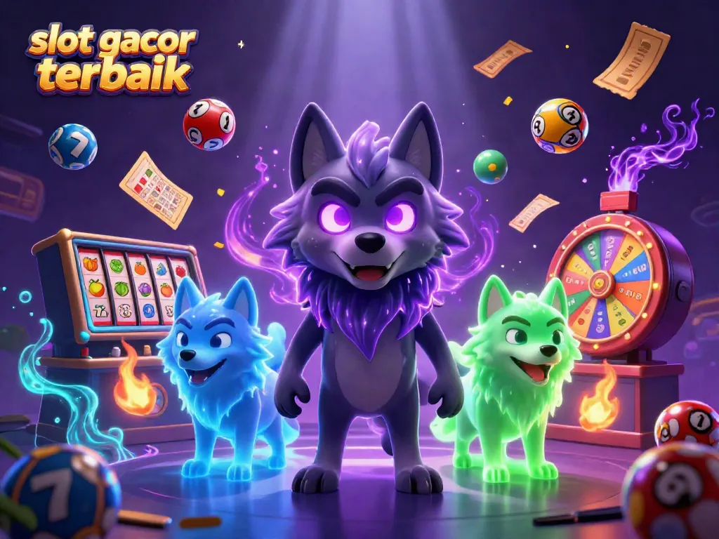 Gambar menarik dengan tema slot gacor terbaik, menampilkan karakter serigala dan simbol kasino