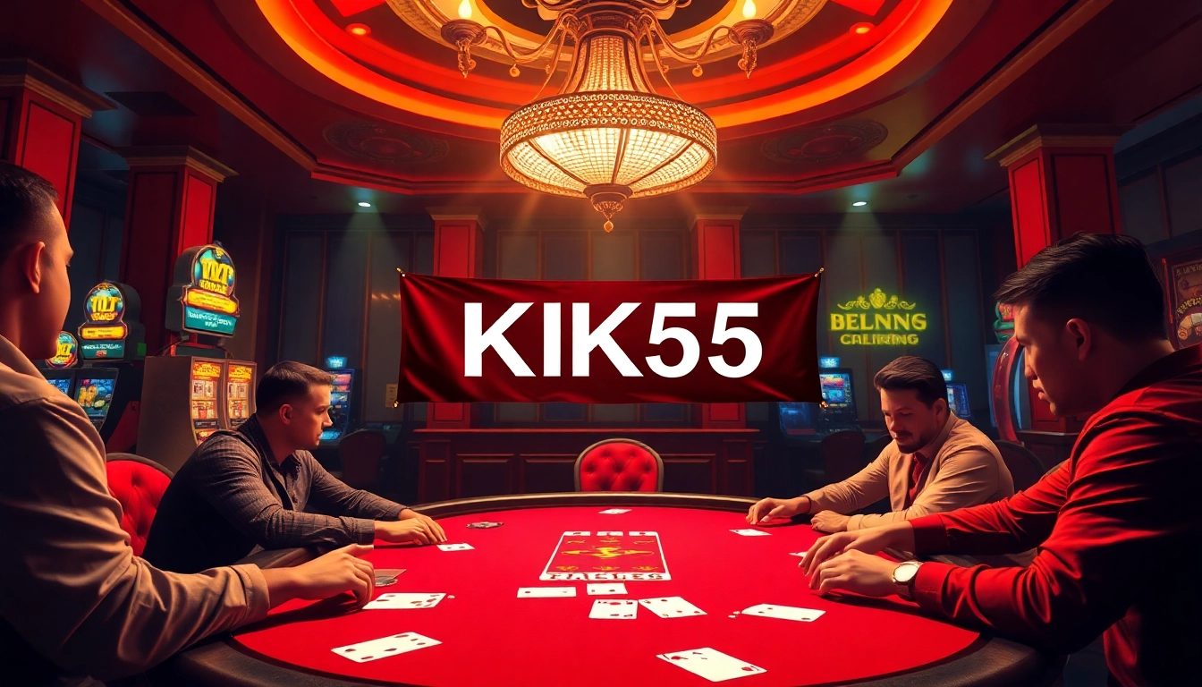 Players enjoy an intense poker game at a luxurious casino, highlighting KK55 in the decor.
