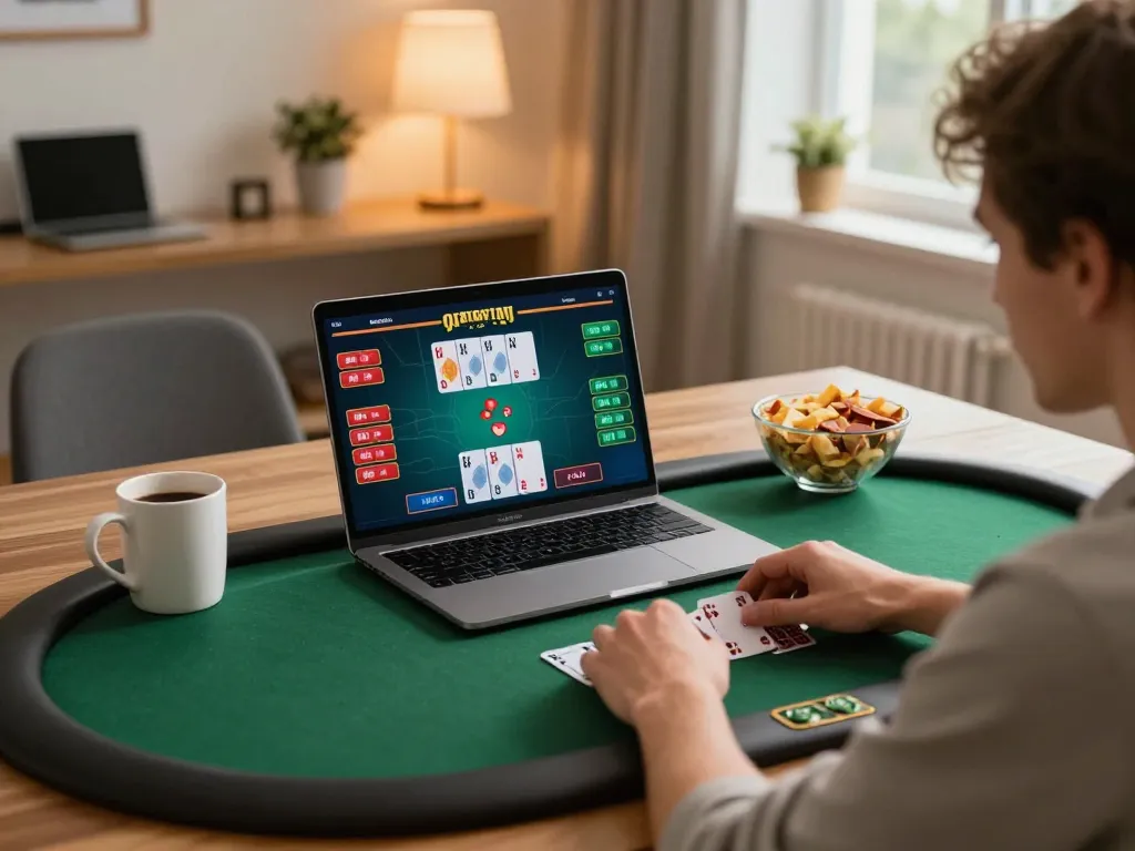 Engaging in virtual poker gameplay on laptop featuring m112 betting strategy in cozy home office.