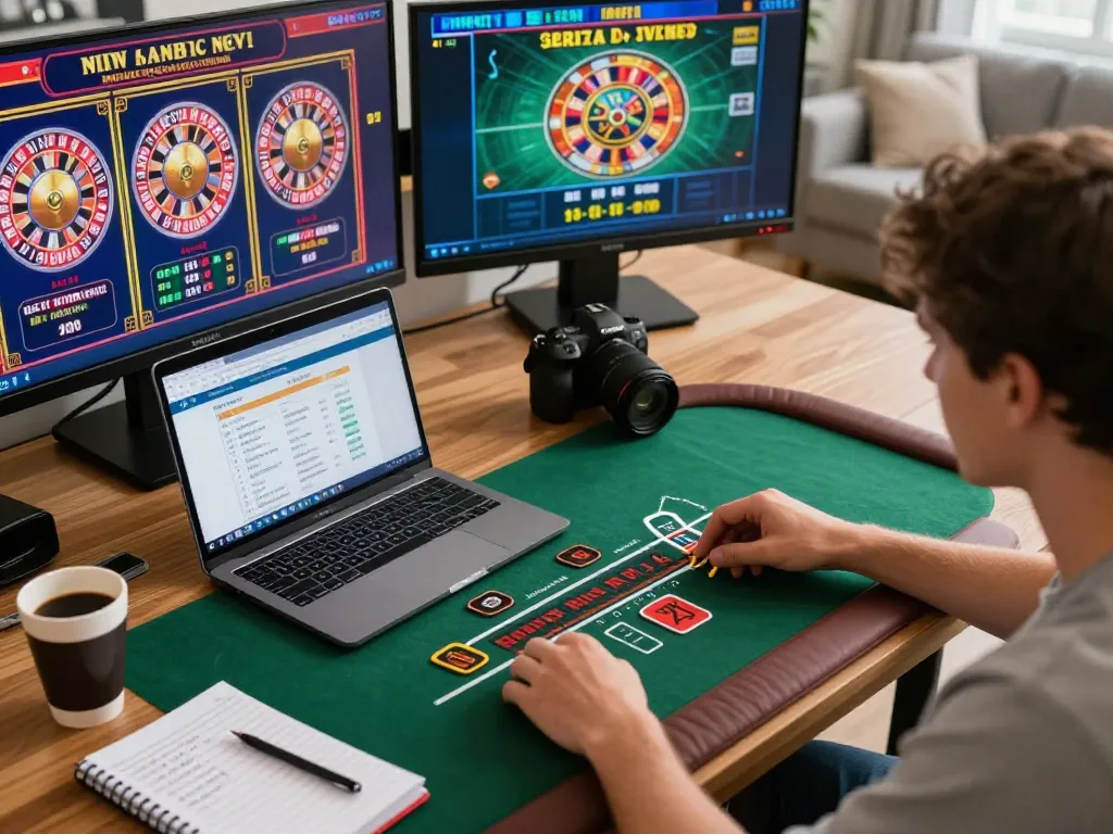 I9BET live dealer gameplay showcasing an engaged player at home, with multiple gaming screens and strategic notes.