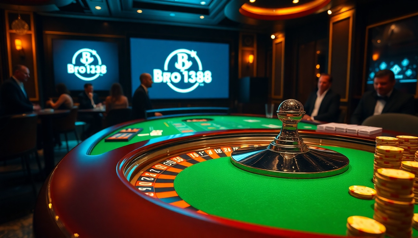 Bro138 gaming table with vibrant poker chips and a spinning roulette wheel in a luxurious casino.