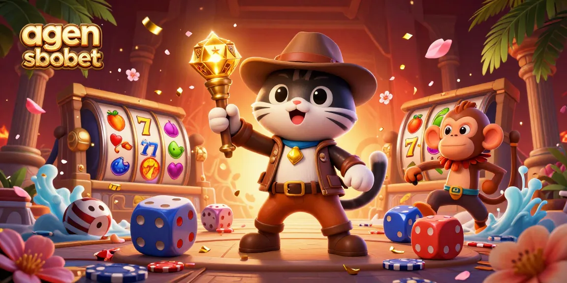 Spin the reels at agen sbobet with a lively 3D illustration of a cat archaeologist and monkey in a casino temple