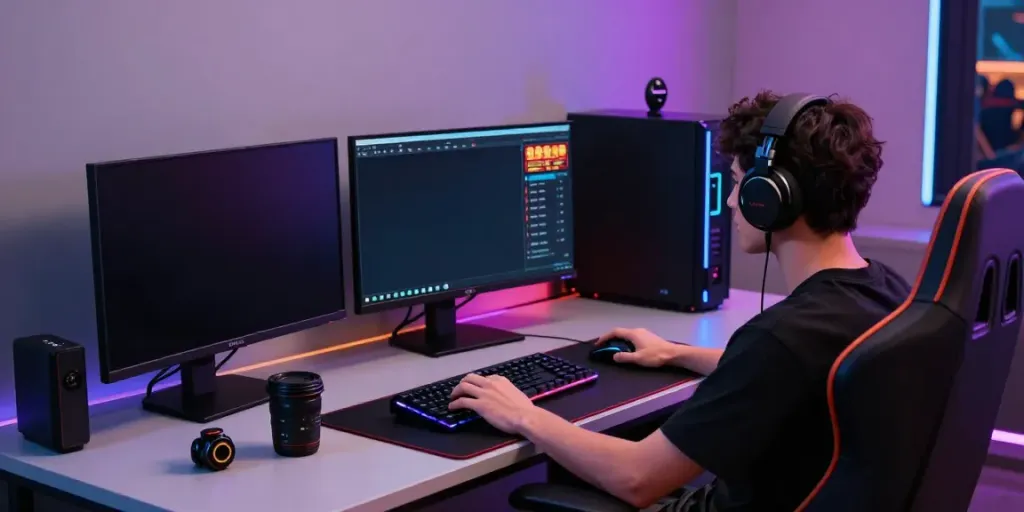 Engaged gamer at bro138's High-Availability Gaming Hub with live stats, gaming gear, and dynamic atmosphere.