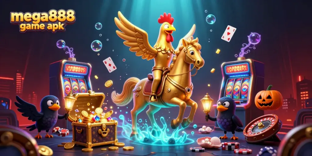 Engage with the mega888 game apk in a vibrant 3D casino scene featuring dynamic slot machines and whimsical characters.