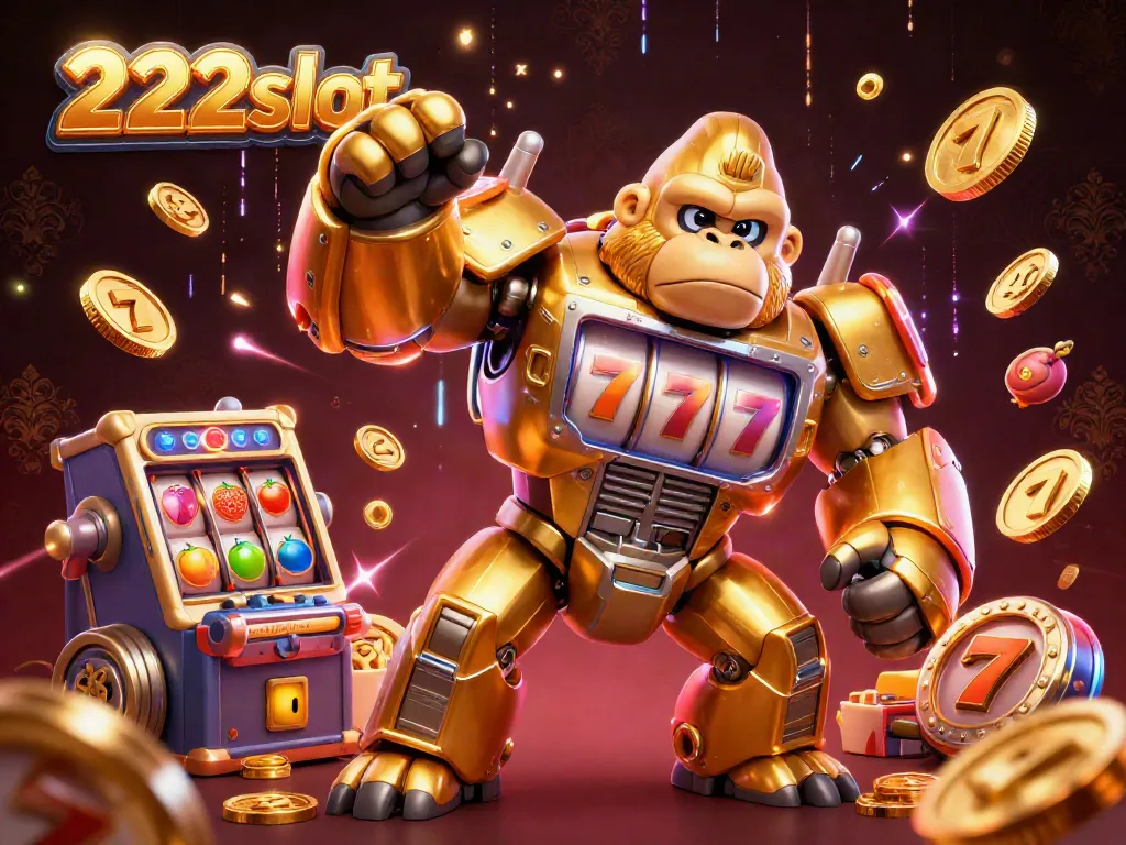 Permainan slot 222slot dengan karakter gorila emas dan simbol keberuntungan menunjukkan keseruan judi.