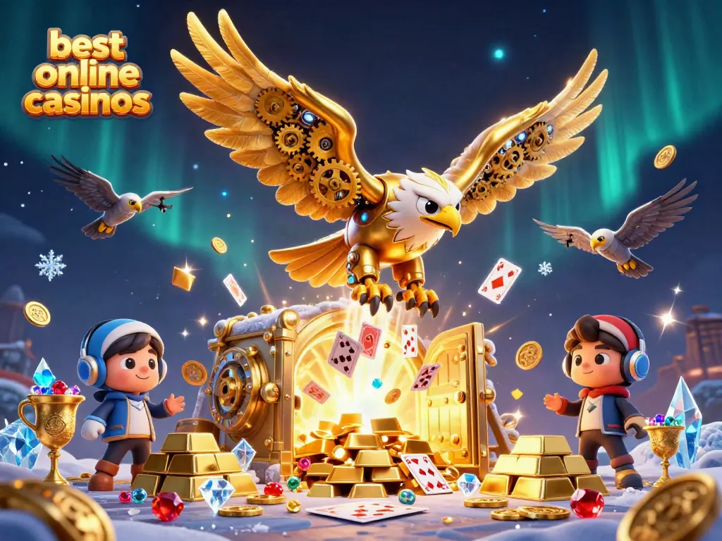 Experience the best online casinos with a dynamic scene featuring a cybernetic eagle surrounded by treasure, playing cards, and sparkling gems.