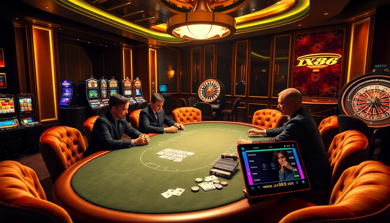 Action-packed poker game scene at https://xx88.vin/ with illuminated tables and professional players.