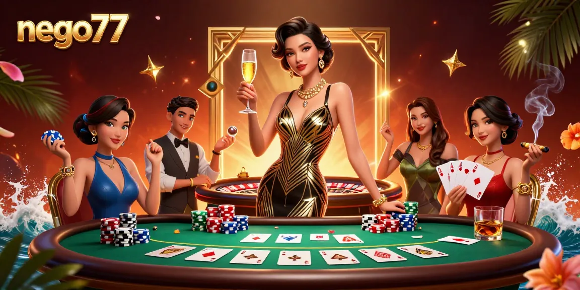 Engage with nego77 at an elegant casino party featuring glamorous scenes and dynamic poker action.
