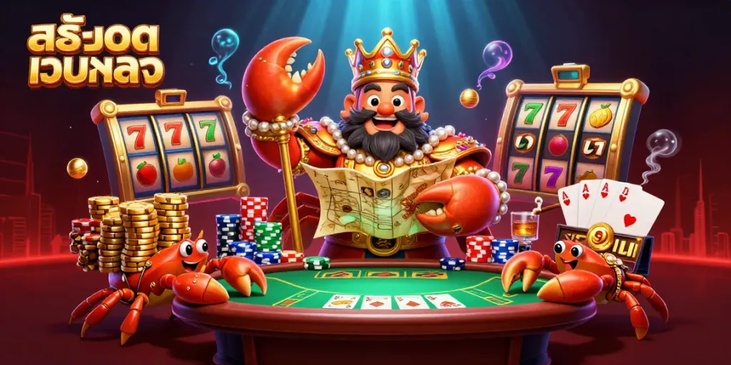 Experience the thrill of สล็อตเว็บตรง with a golden crab emperor commanding a vibrant casino scene.