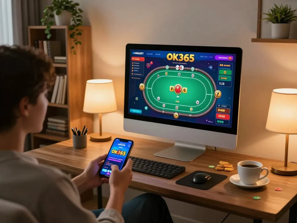 Person enjoying online poker on ok365 app in cozy home setting.
