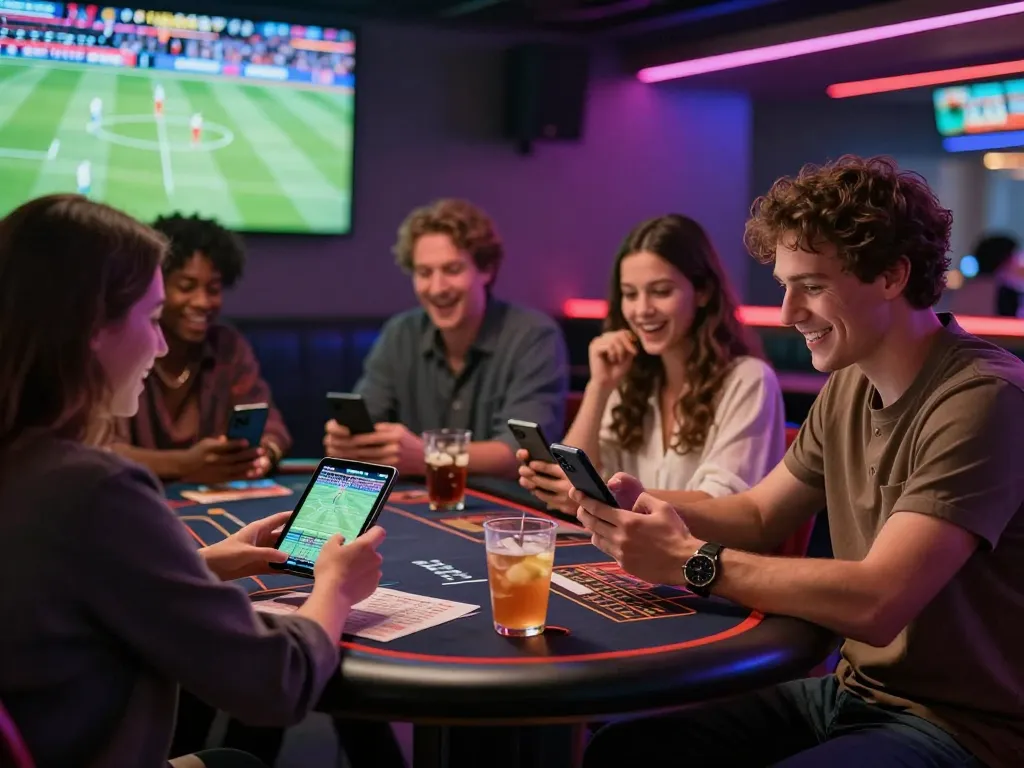 Sahabat menikmati taruhan olahraga online di sebuah lounge yang ramai, menampilkan aktivitas agen judi bola dan olahraga langsung di layar.