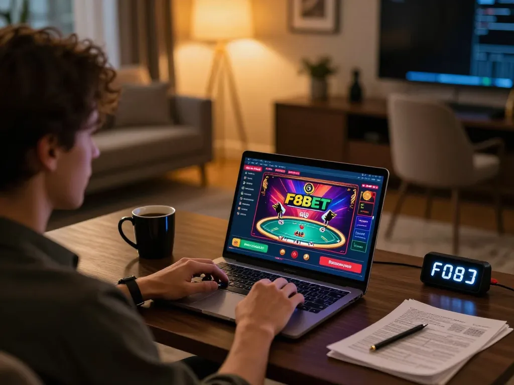 Engaging F8BET online gambling session featuring a player strategizing with a laptop and notes