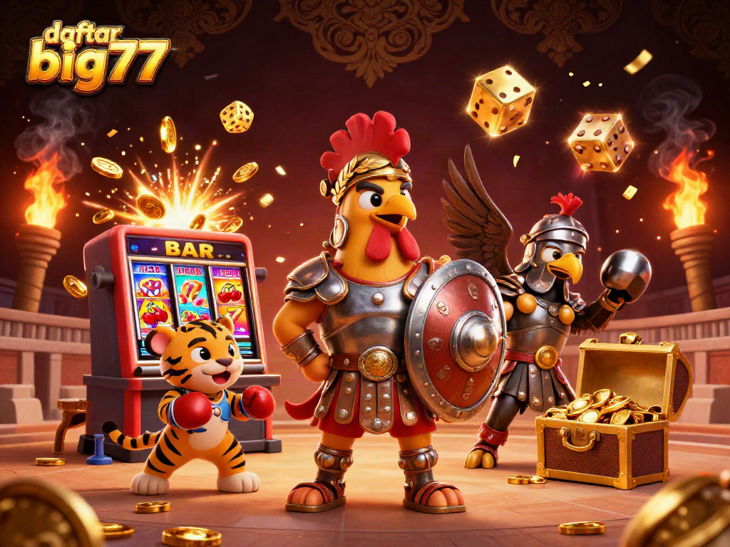 Mengungkap daftar big777 dalam ilustrasi seniman gladiator dan slot mesin kasino yang penuh aksi.