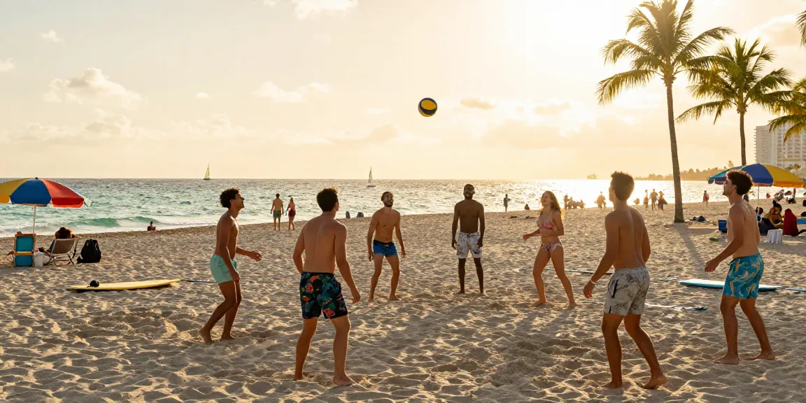 Tempat wisata Miami yang ceria, teman-teman bermain voli pantai di https://miami4d.com/ saat matahari terbenam