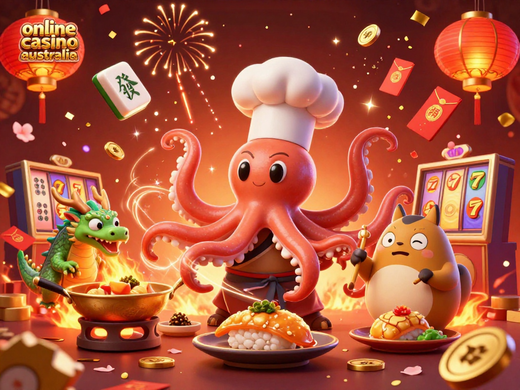 Experience winning thrills at an online casino Australia with a festive atmosphere, celebrating with vibrant characters.