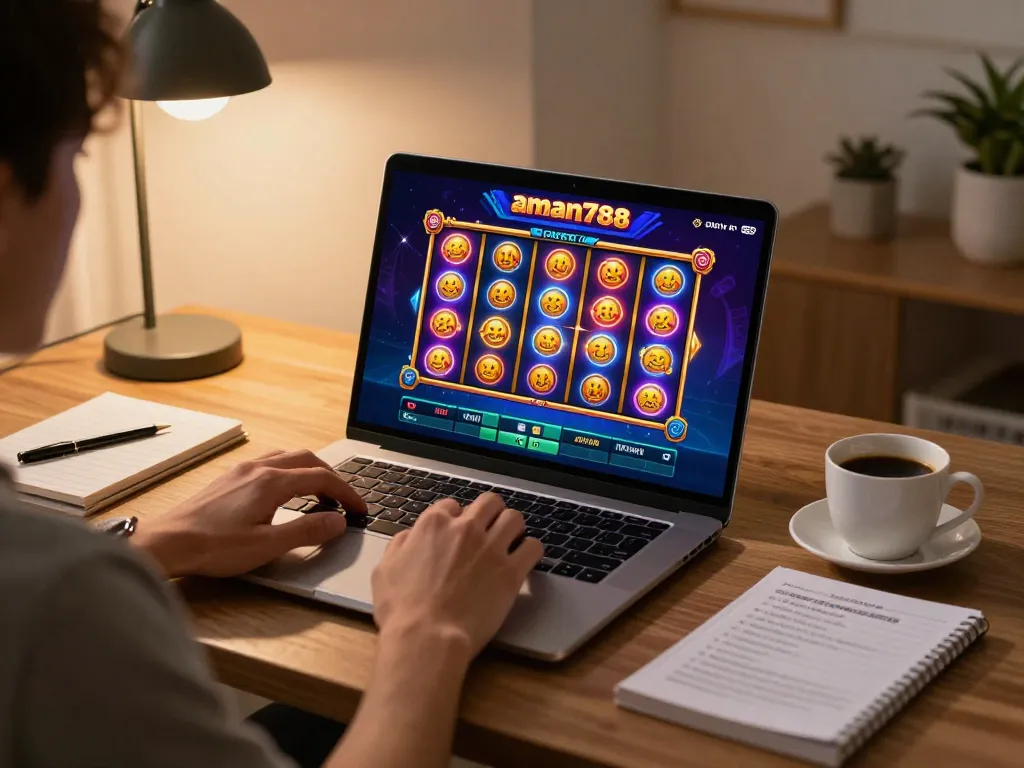 Player enjoying aman788 slot gacor on a laptop in a cozy home office with strategy notes.