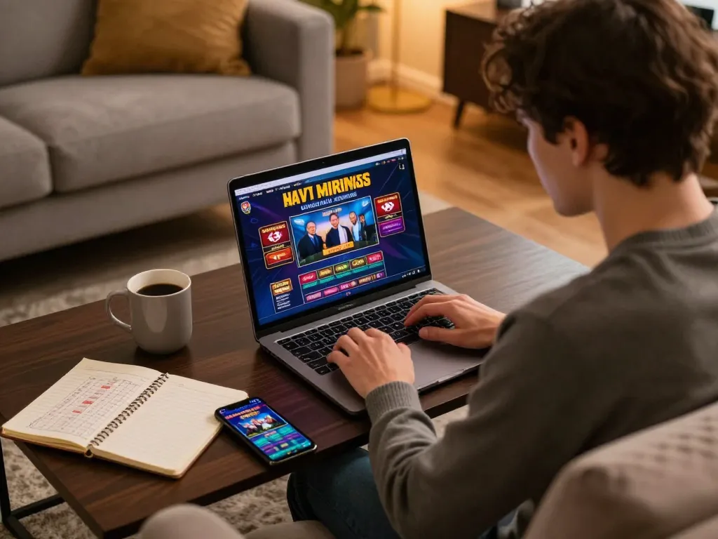 Engaging home scene of a person enjoying Canadian online casinos on a laptop, showcasing responsible gaming with a cozy setup.