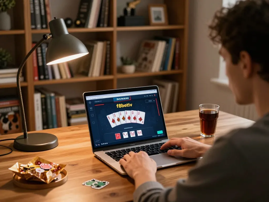 Player enjoying an online poker game on f8betlv in a cozy home study.