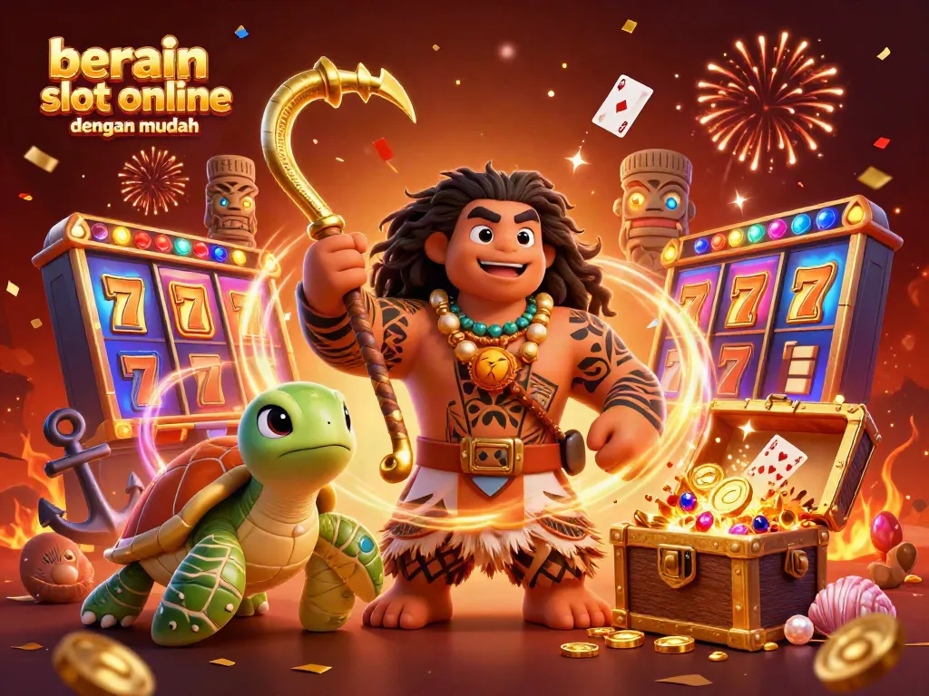 Ilustrasi 3D bermain slot online dengan mudah menggambarkan slot mesin dengan simbol keberuntungan dan karakter menarik.