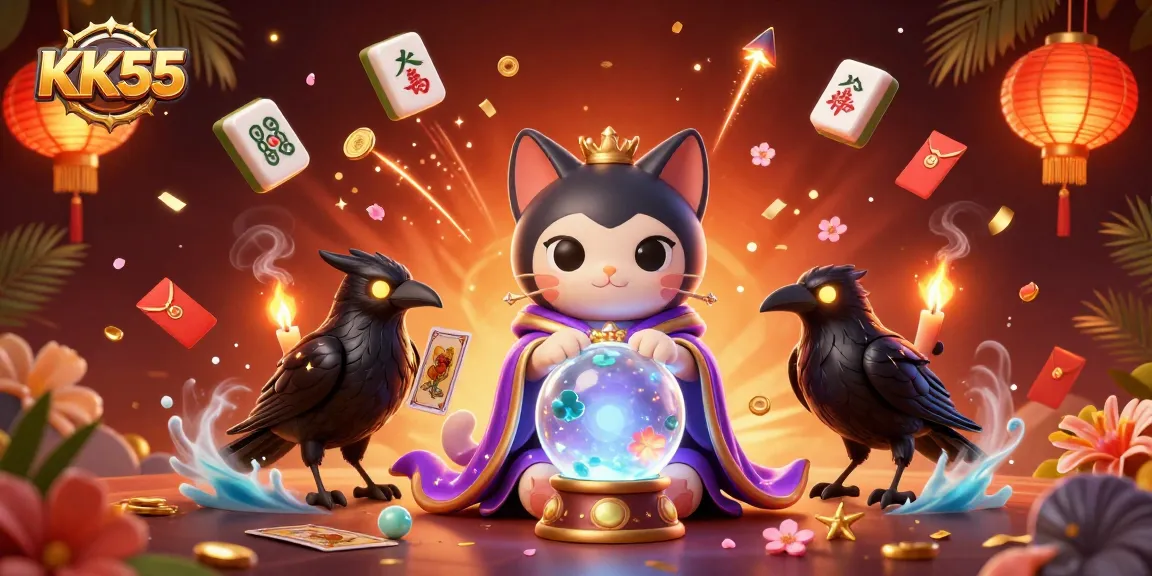 Win big with KK55 featuring a mystical cat, glowing raven, and vibrant gaming elements in a rich casino setting.
