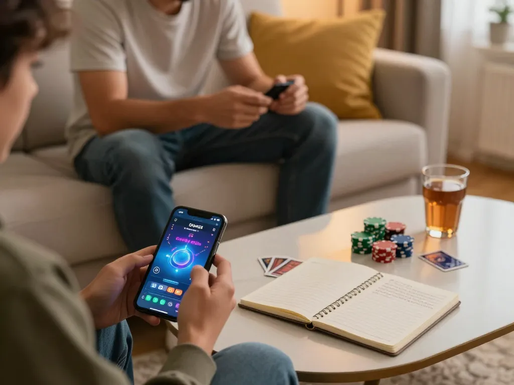A player enjoys the done55 game on their smartphone at home, surrounded by gaming notes.