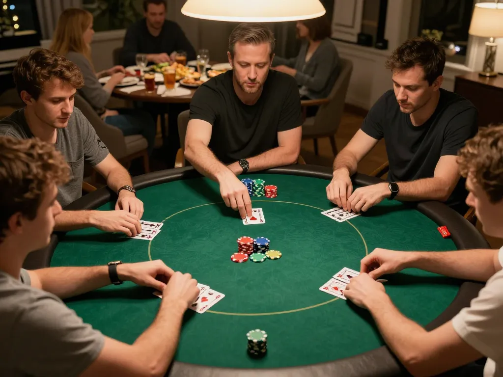 Go8 players enjoying an intense poker game at home, chips stacked, warm lighting creates a vibrant atmosphere