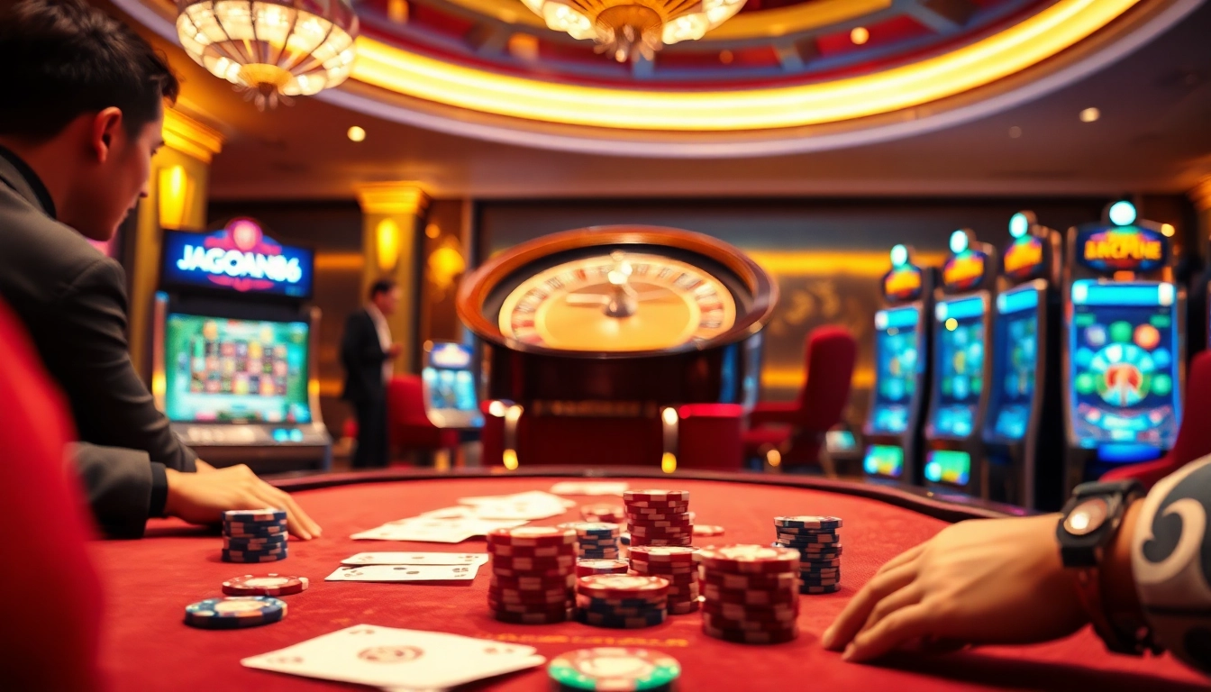 Exciting casino atmosphere showcasing poker chips and slot machines, featuring jagoan86 theme.