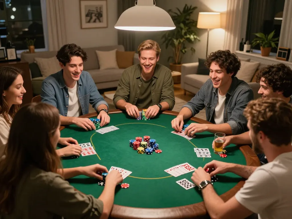 Friends enjoying a lively poker night at home, highlighting mb66an gambling strategies and social engagement.