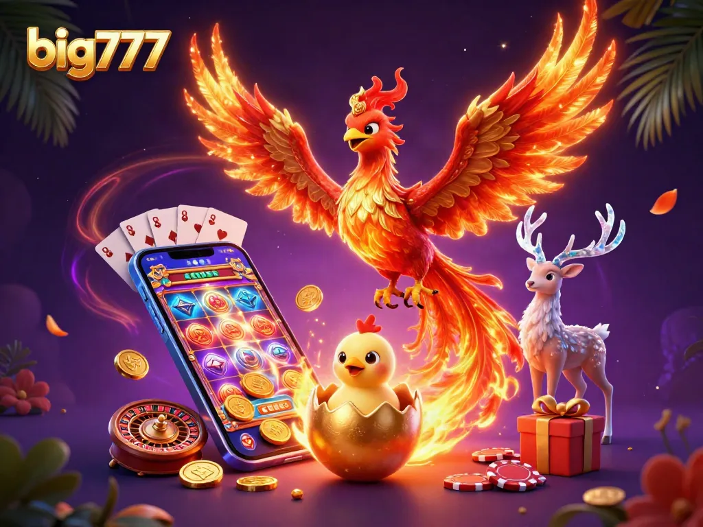 Experience big777's vibrant slots with a dynamic 3D illustration of a phoenix, symbols, and gaming elements.