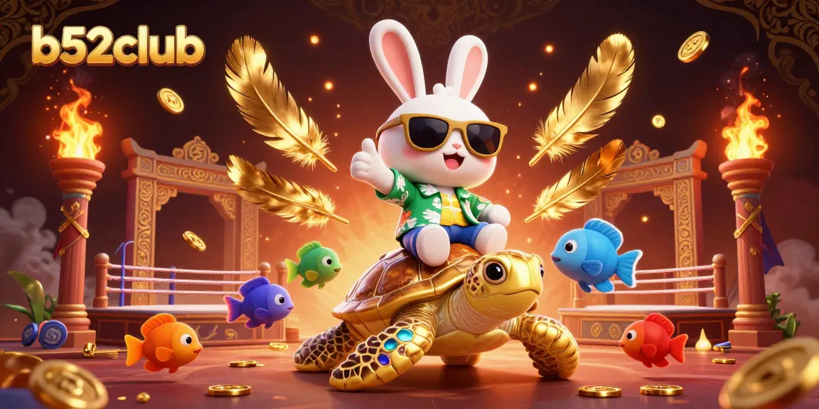 Play thrilling games at b52club while the lucky rabbit and golden turtle celebrate with colorful fish.