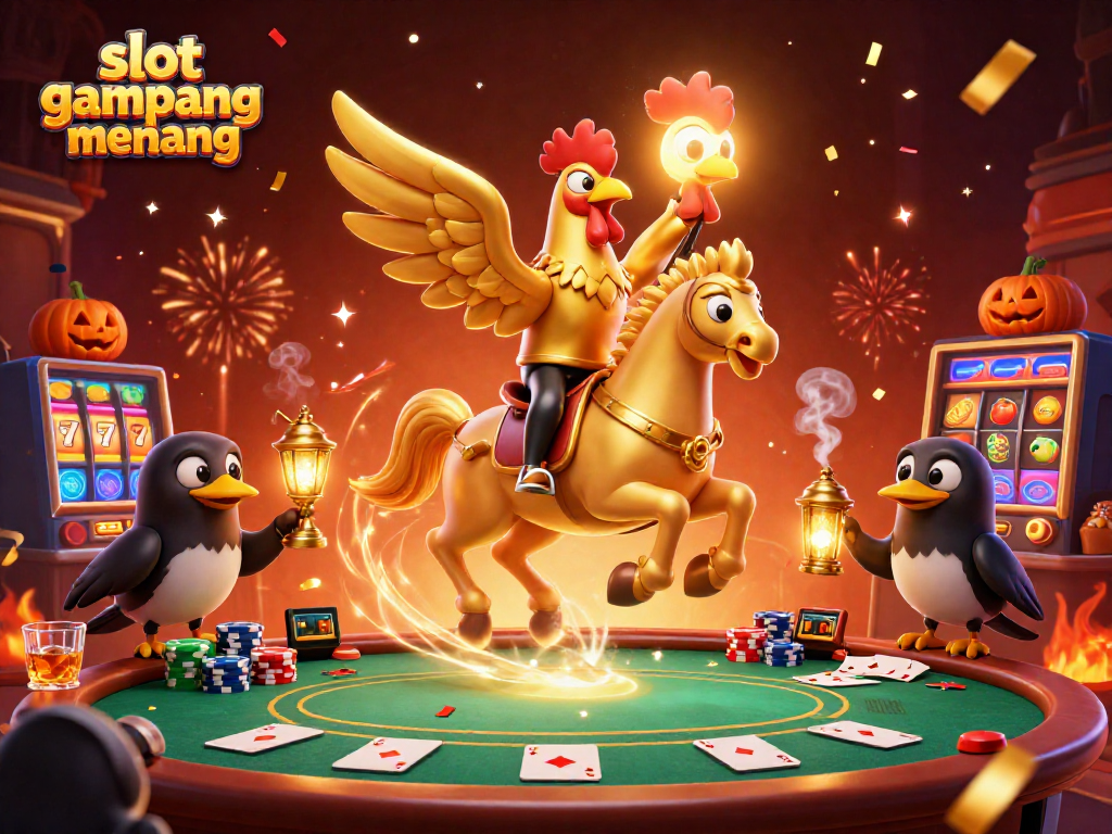 Experience slot gampang menang with a golden rooster, poker elements, and festive casino energy