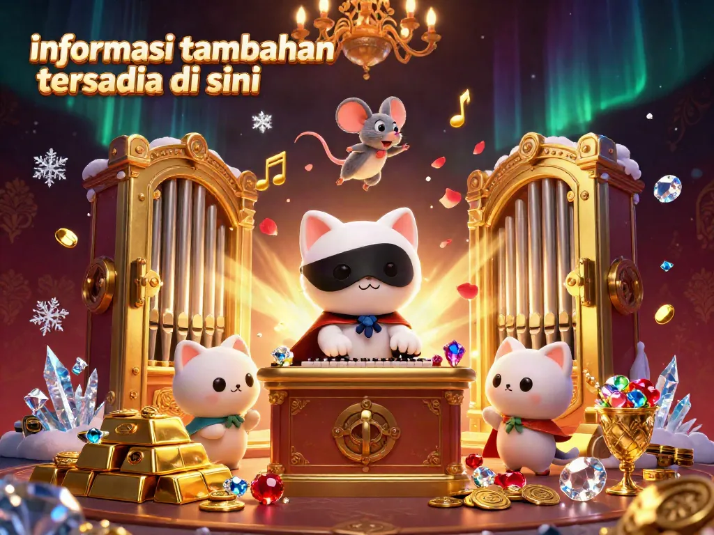 Ilustrasi 3D kucing putih bergaya teater dengan topeng setengah, di kasino, menunjukkan informasi tambahan tersedia di sini.
