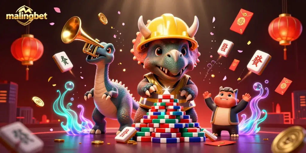 Malingbet menghidupkan suasana kasino dengan triceratops membangun tumpukan chip poker di tengah permainan.