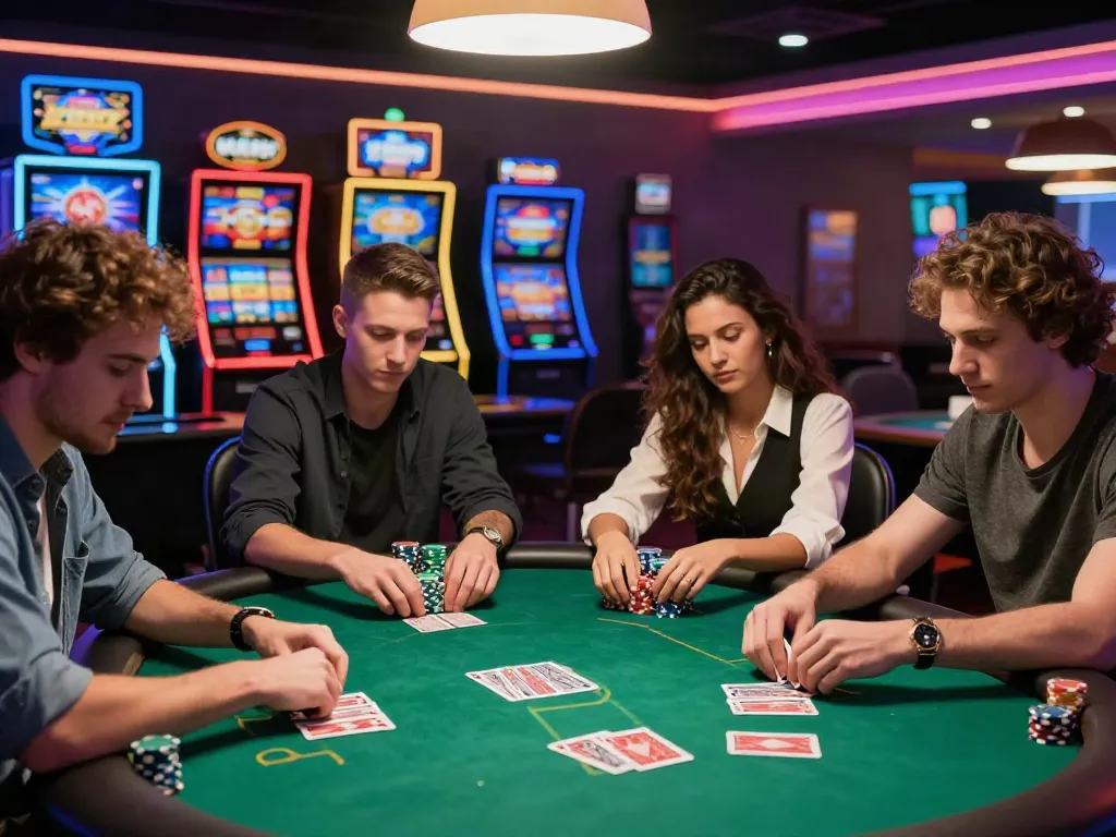 Exciting poker game at a casino featuring players focused on their cards, capturing the essence of gambling with akunjp.
